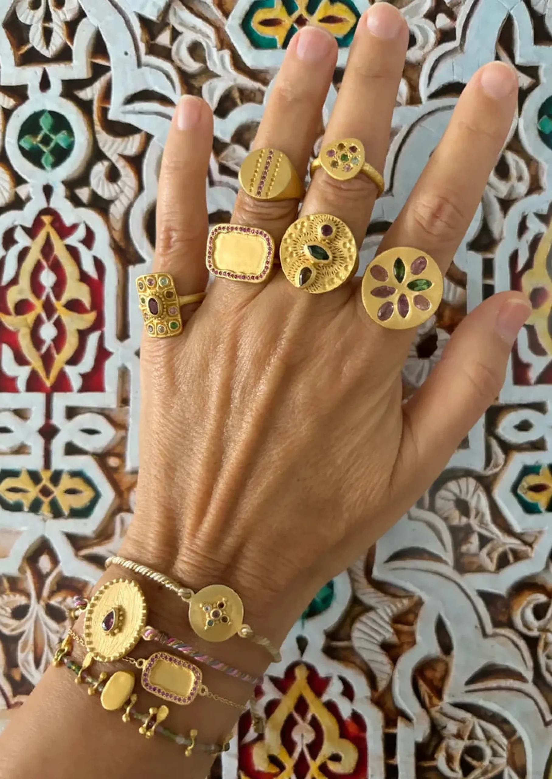 Ruby Teva Gold Flower Ring PINK GREEN TOURMALINE